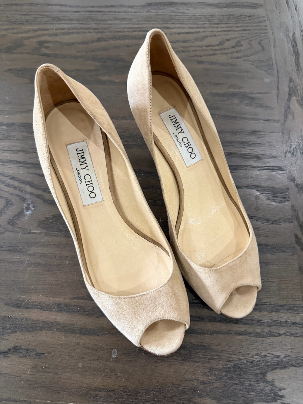 Jimmy Choo Women's Suede Peep-Toe Pumps in Beige, Sz 37
